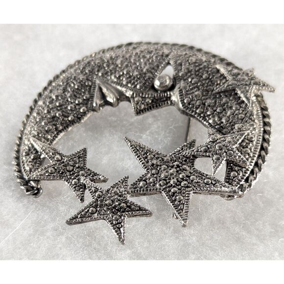 Vintage Silver Tone Crescent Moon and Stars - Picture 2 of 7
